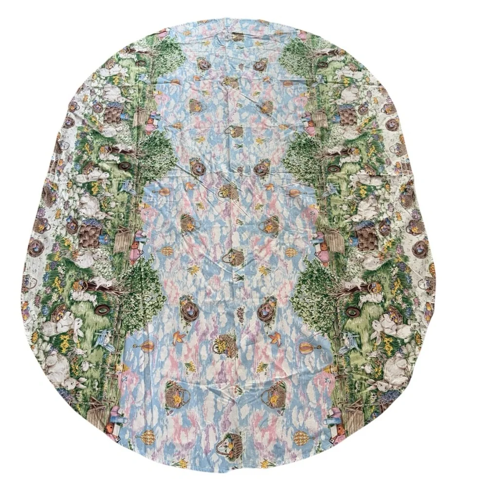 Easter Tablecloth Spring Rabbits Baskets In Garden Oval Cotton 54